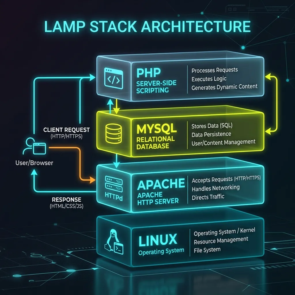 LAMP stack architecture diagram showing Linux, Apache, MySQL, and PHP